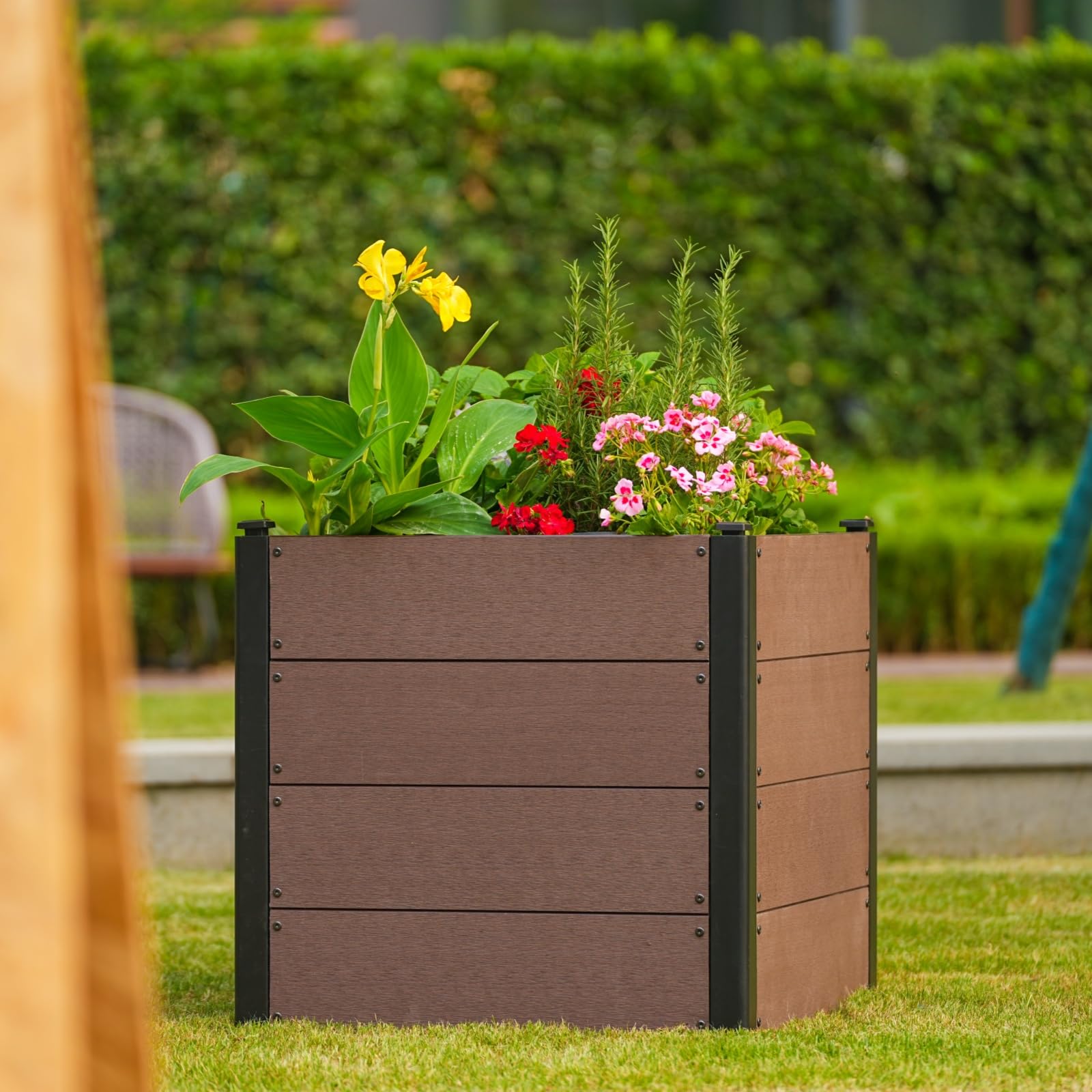 Garvee 25" × 25" × 23" Wood-Look Composite Raised Garden Bed, Open-Bottom Planter Box for Vegetables & Herbs, Brown