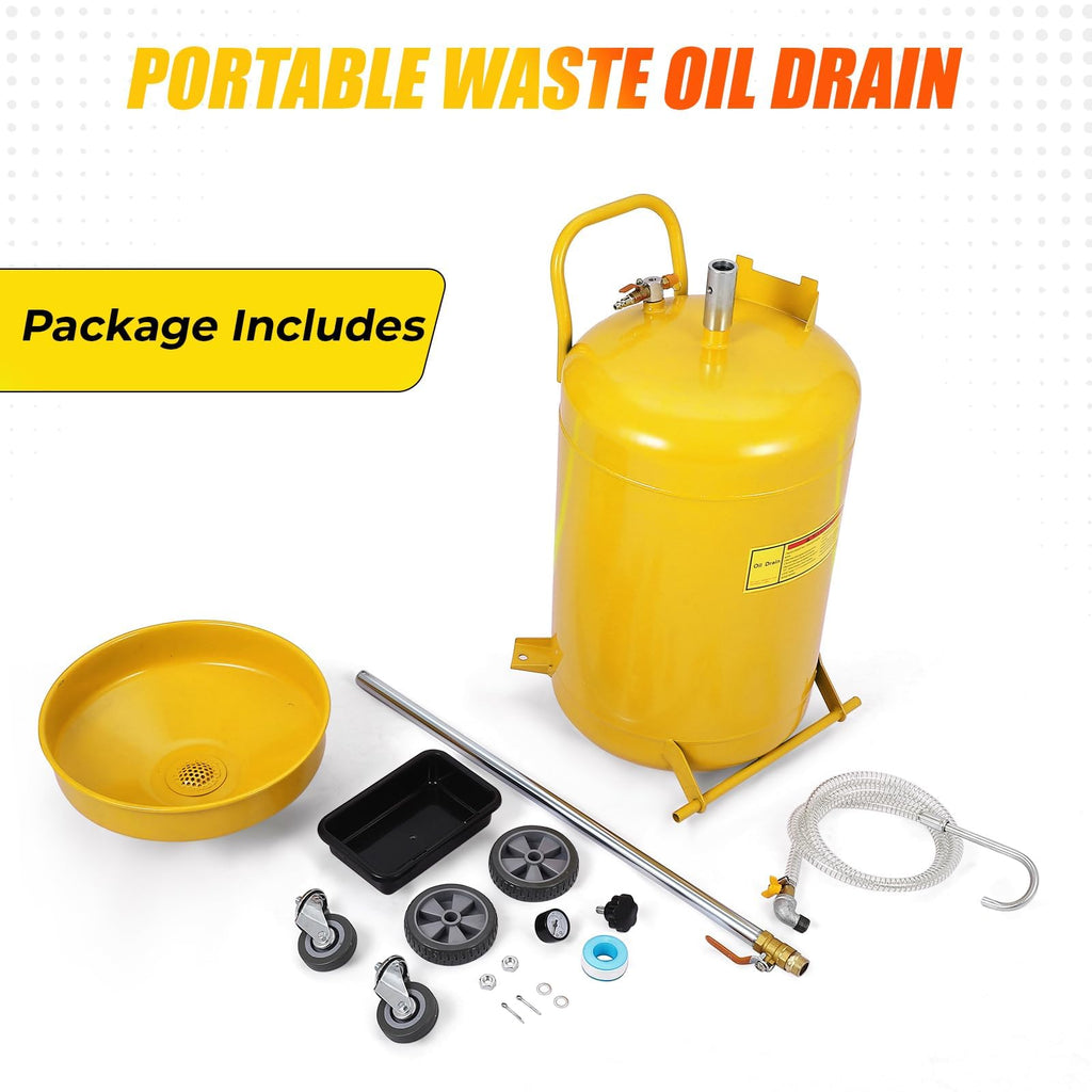 Garvee 20 Gallon Waste Oil Drain Tank Portable Air-Operated Adjustable Height Steel Oil Drainer with Wheels Automotive Workshop Use