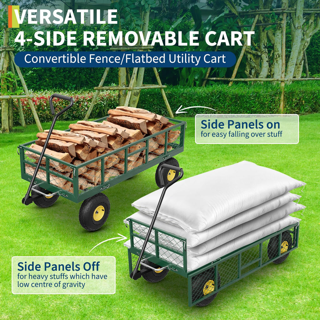 Garvee Garden Dump Cart 900 LBS Capacity Quick-Release Dumping Removable Steel Sidewalls 180° Swivel Handle 10" Pneumatic Tires Yard Farm Utility