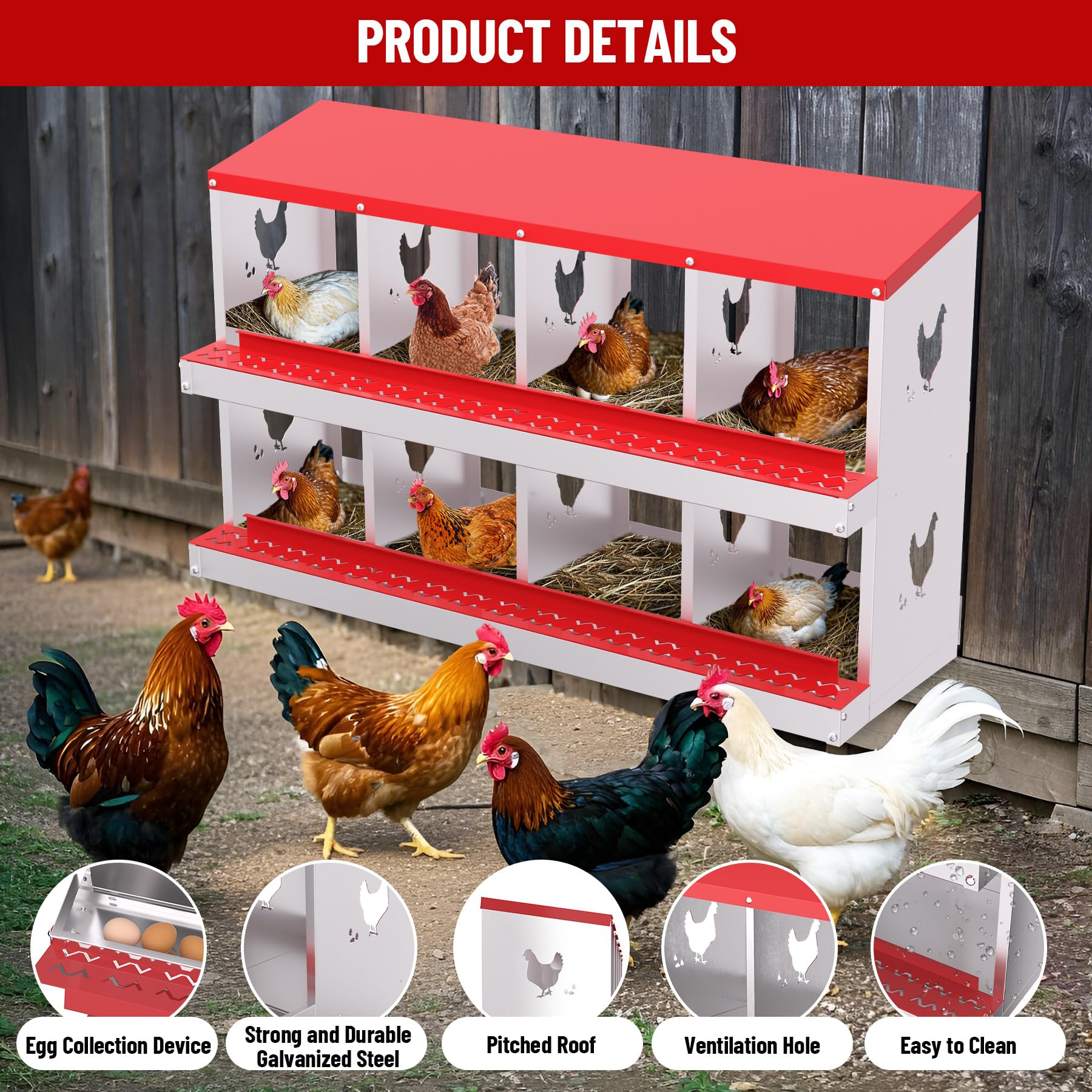 Garvee Chicken Nesting Box 8 Compartment Metal Galvanized Steel Durable Rust-Resistant Easy Egg Collection Ventilated for Coop