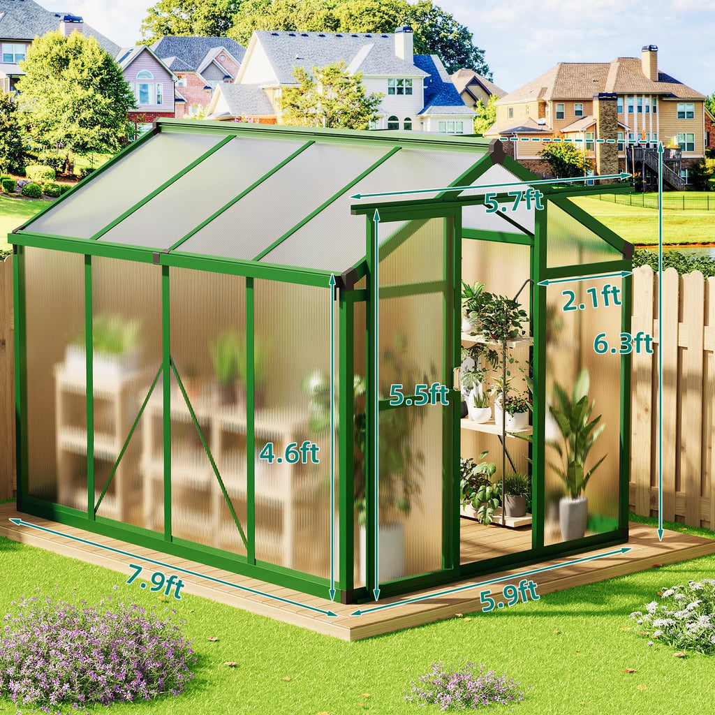 Garvee 6x8 FT Aluminum Greenhouse with Polycarbonate Panels, Roof Vent, Reinforced Frame, UV Protection, Walk-in Design for Backyard Garden