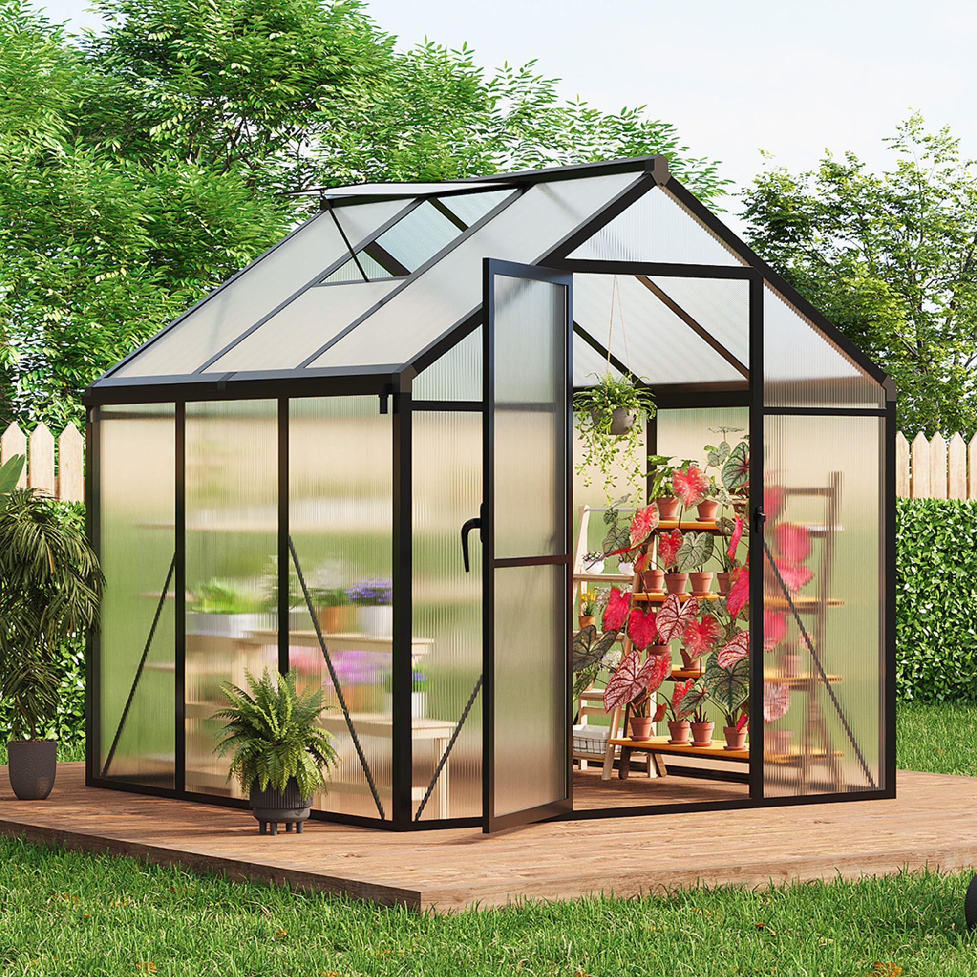 Garvee 6'x6' Outdoor Greenhouse Small Walk-in with Adjustable Ventilation Lockable Door Windproof Aluminum Frame Durable Polycarbonate Panels Backyard Gardening