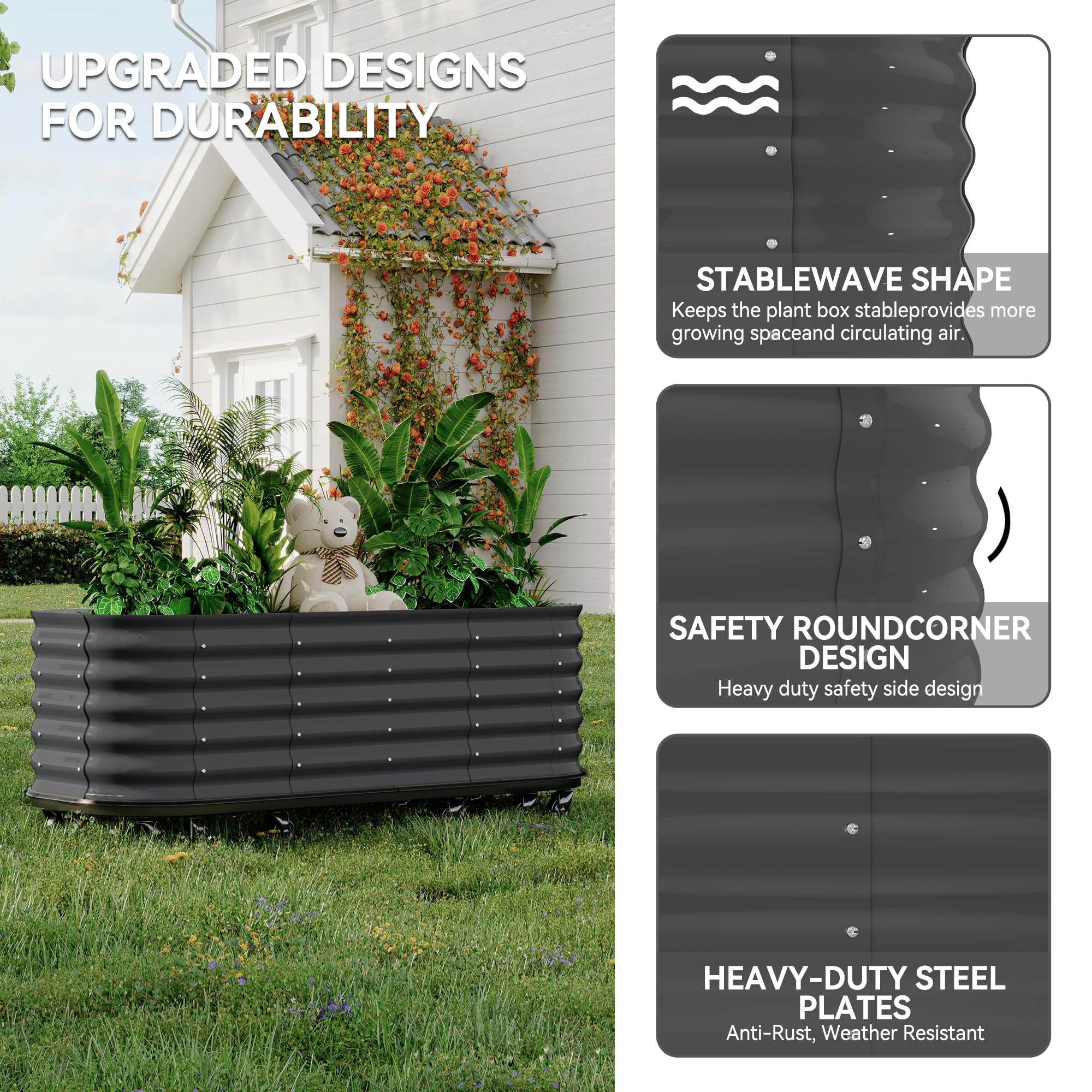 Garvee Mobile Raised Garden Bed with Water Reservoirs, Lock Wheels, Rustproof Galvanized Steel, Wave Panels, Compact Design for Patio & Indoor Herbs
