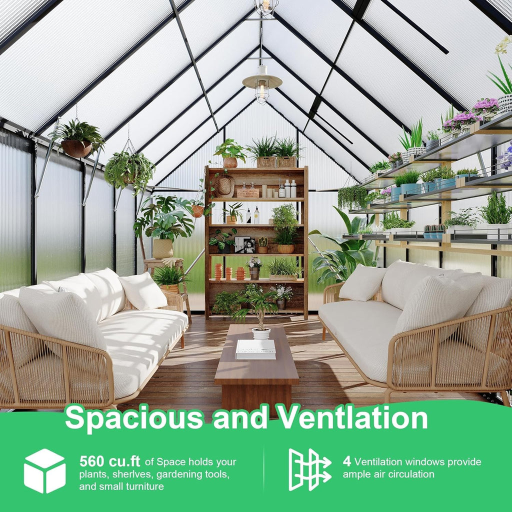 Garvee Greenhouse 8x14 Aluminum Frame Polycarbonate Panels Quick Setup Roof Vent Durable Weather-Resistant Outdoor Gardening