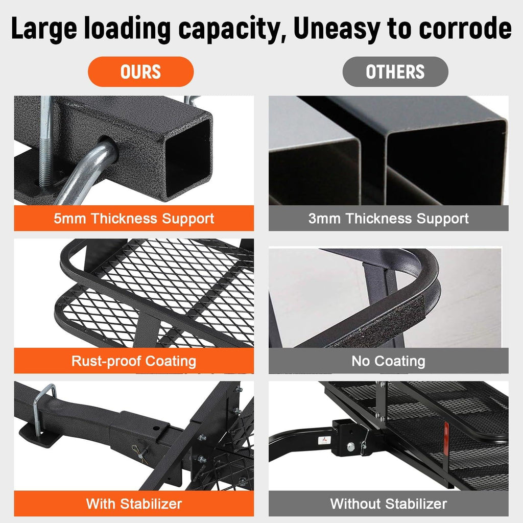 Garvee Hitch Basket Cargo Carrier 60x20x5, Heavy Duty 200 lbs, Black Steel, 2" Hitch Shank, Rust-Resistant PU Coating, Easy Install, Outdoor Travel