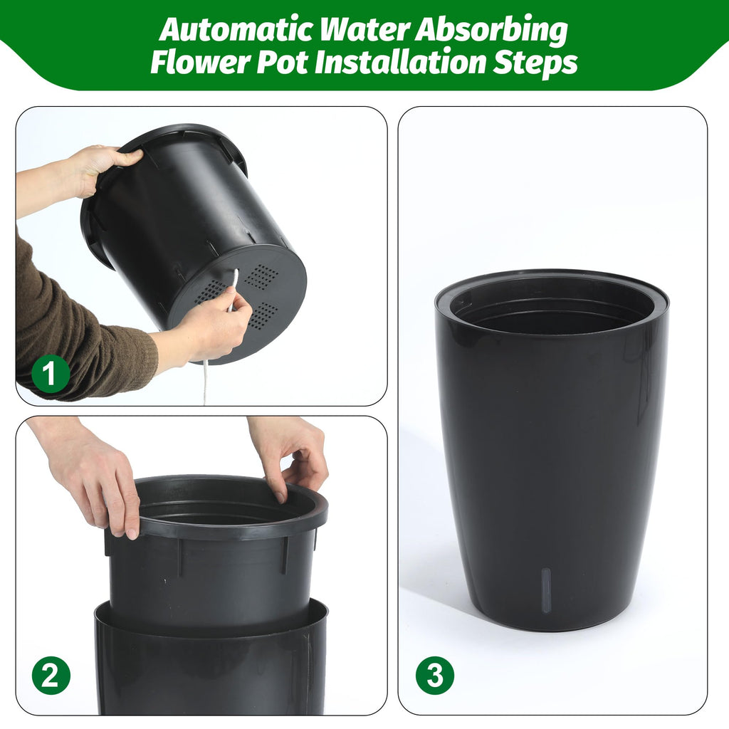 Garvee 16" Tall Planters Set of 2 Self-Watering Pots with Drainage Visual Water Level Durable Plastic Indoor Outdoor Patio