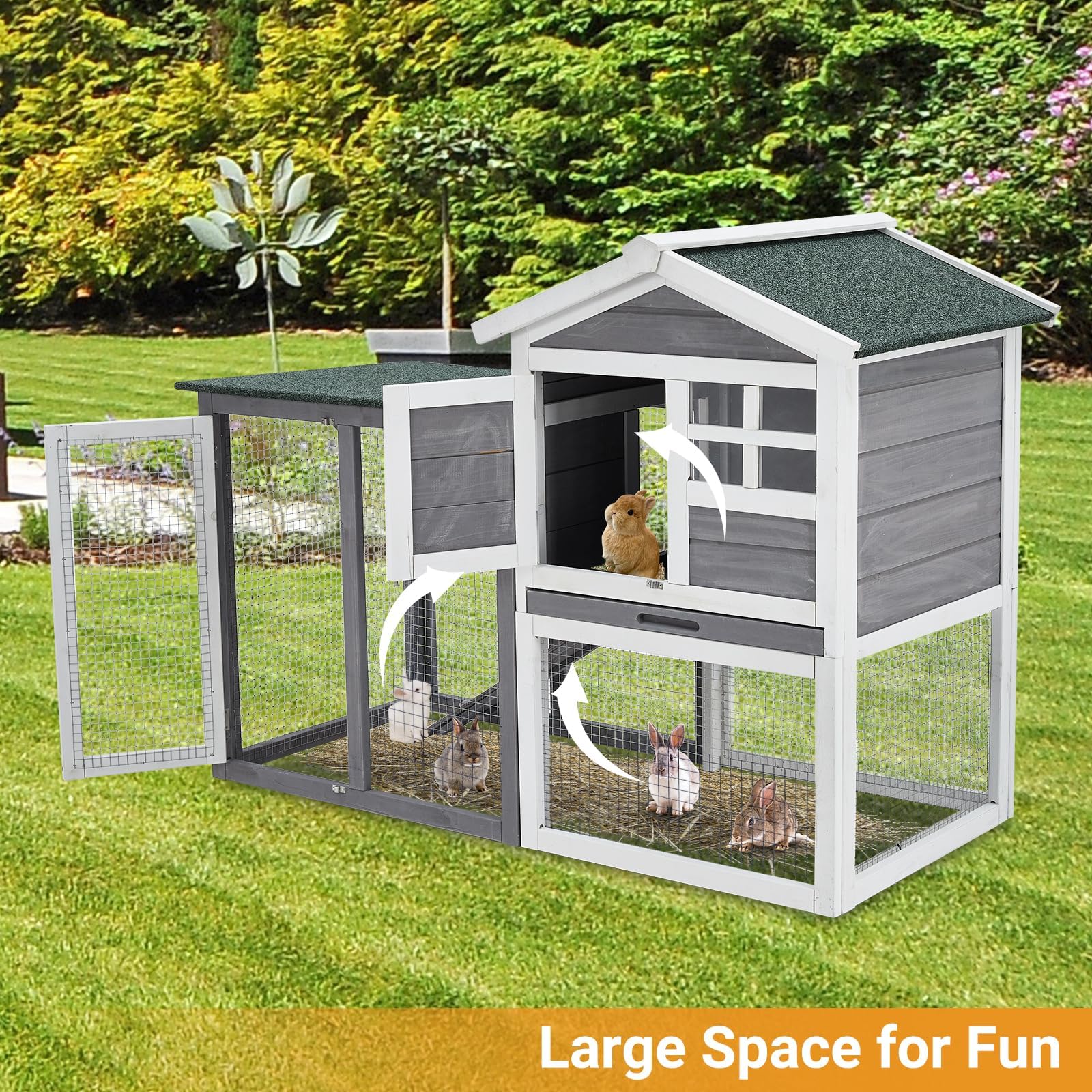 Garvee 46.5" Wooden Rabbit Hutch - 2-Tier Outdoor Small Animal Cage with Weatherproof PVC Roof, 2 Lockable Doors, Removable Waste Tray and Play Courtyard, Green and White