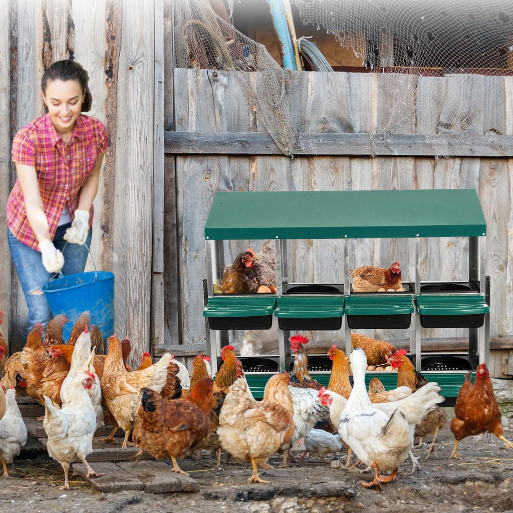 Garvee 8-Compartment Galvanized Steel Chicken Nest Box - 0.8mm Green w/Tilt Design, Vent Holes, Removable Trays & Stand for Coops