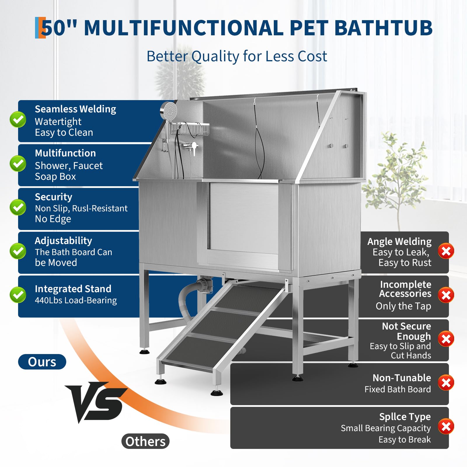 Garvee 50" Stainless Steel Dog Bathing Station, Dogs Washing Bathtub with Non-Slip Stairs & Storage Shelf, Slip-Resistant Floor Grate, Adjustable Platform for Grooming Salon & Home Use, Rightdoor