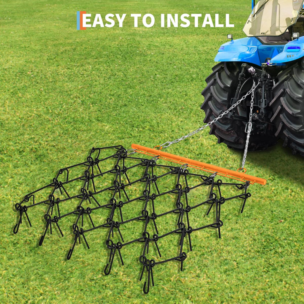 Garvee Heavy Duty 5x4.5FT Drag Harrow - 3/8" Thick Steel Mesh with Reinforced Tines, ATV/UTV Tow Behind Harrow for Leveling & Grading Soil, Arena, Pasture Black+Orange