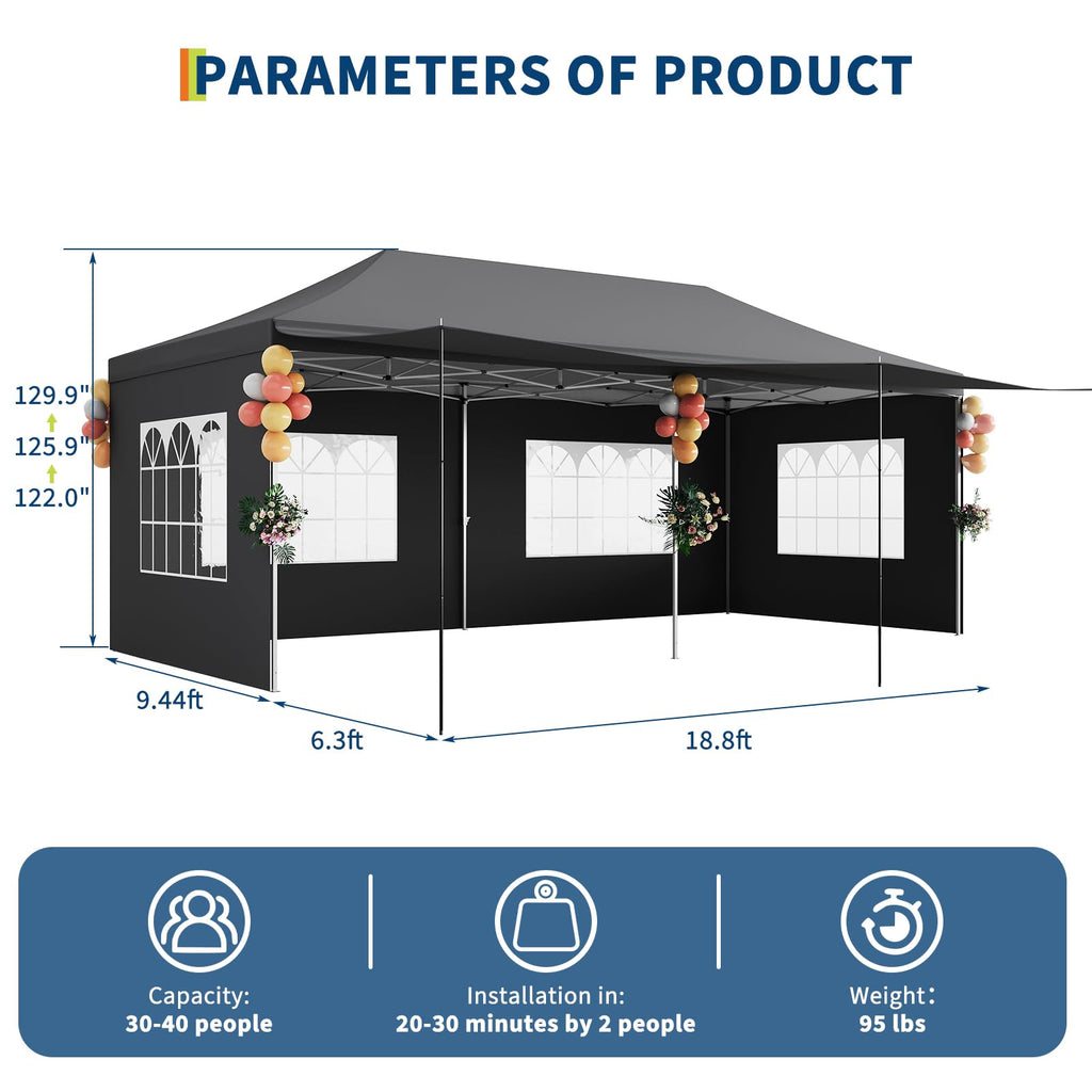 Garvee 10x20 Pop Up Canopy Tent Heavy Duty Waterproof with Roller Bag, Thickened Legs, 6 Sidewalls, Sandbags, Adjustable Height for Parties and Outdoor Events