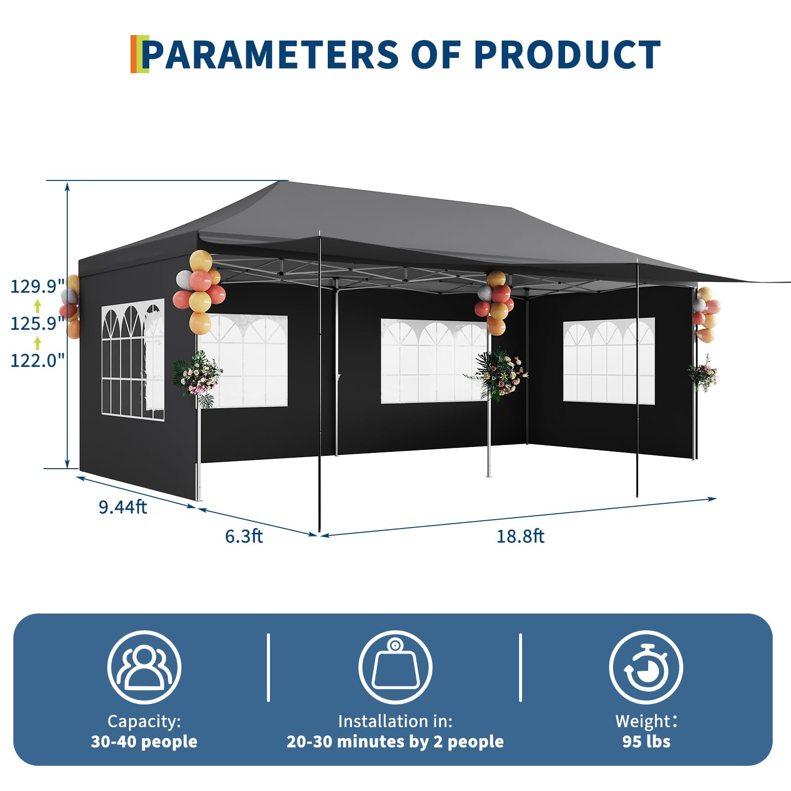 Garvee 10x20 Pop Up Canopy Tent Heavy Duty Waterproof with Roller Bag, Thickened Legs, 6 Sidewalls, Sandbags, Adjustable Height for Parties and Outdoor Events