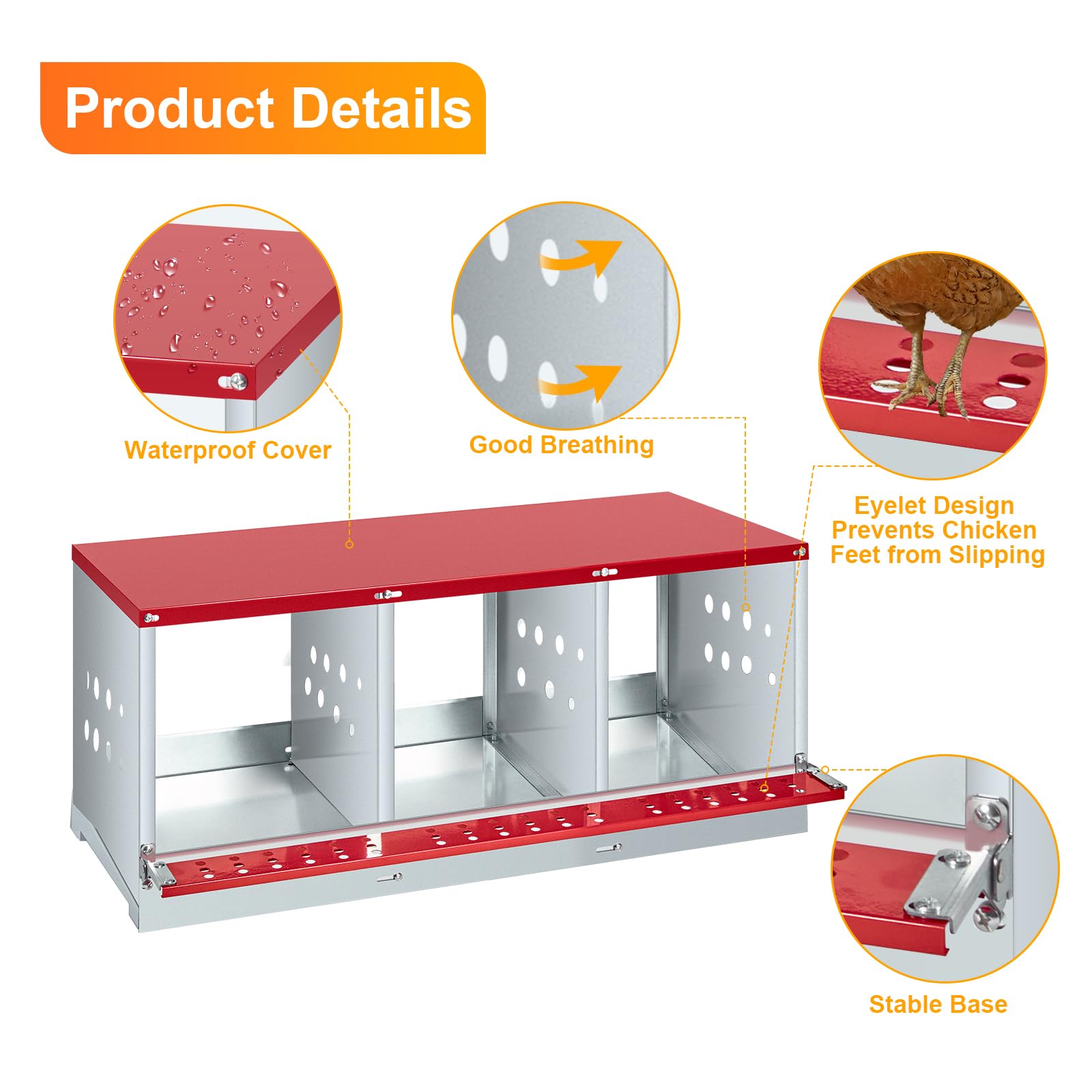 GARVEE 3-Compartment Galvanized Steel Nesting Box - Easy Egg Collection, Ventilated Design for Hens/Ducks/Rabbits Backyard Coop