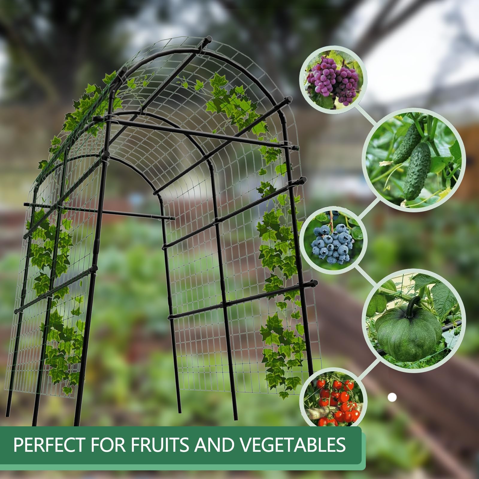 Garvee 7.5FT Garden Arch Trellis with Netting, Adjustable Metal Plant Support for Climbing Vines, Roses, Cucumbers & Raised Beds, Black