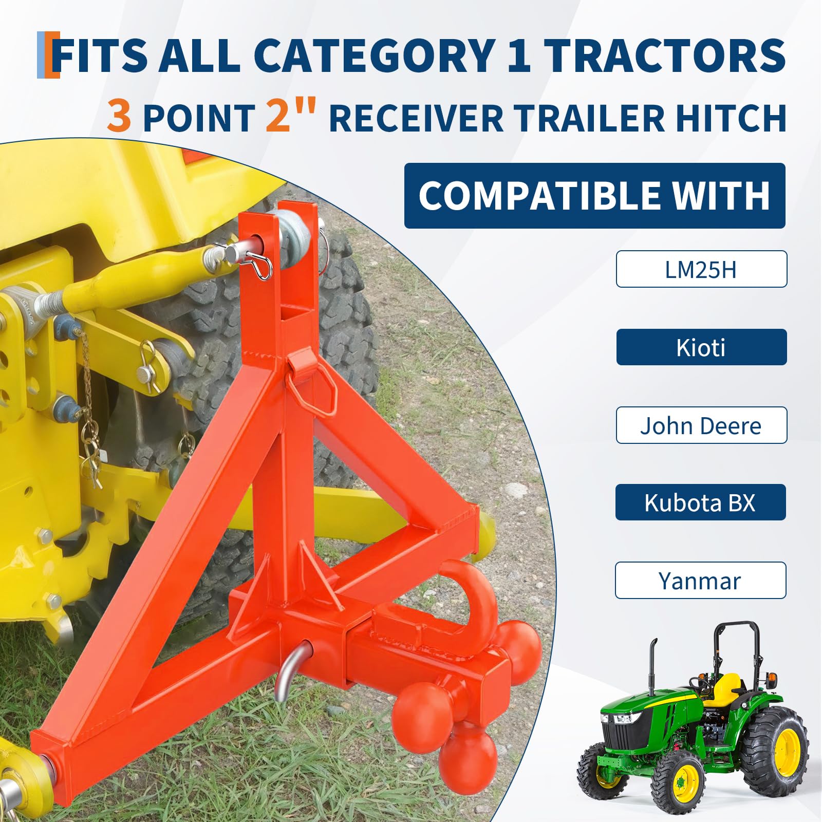 Garvee 3 Point Trailer Hitch for Tractor with 2" Receiver and Towing Ball, Heavy Duty Steel, Quick Hitch Compatible, Category 1, Compact & Full-Size Tractors