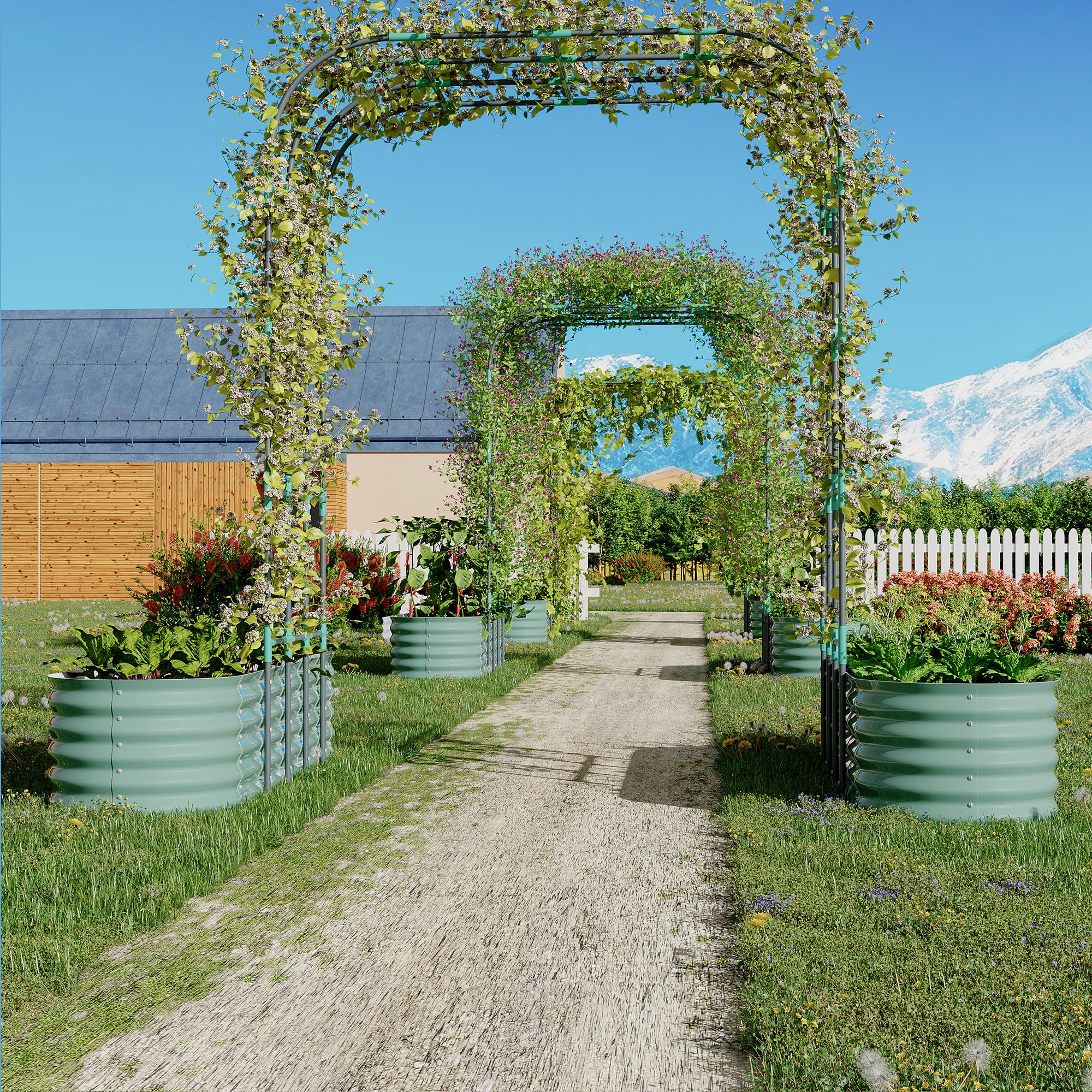 Garvee Galvanized Raised Garden Bed with 96" Vertical Arch Trellis - Rust-Resistant, Expandable Trellis - Steel, Plant Clips, Drainage Netting - Outdoor Garden, Patio, Green