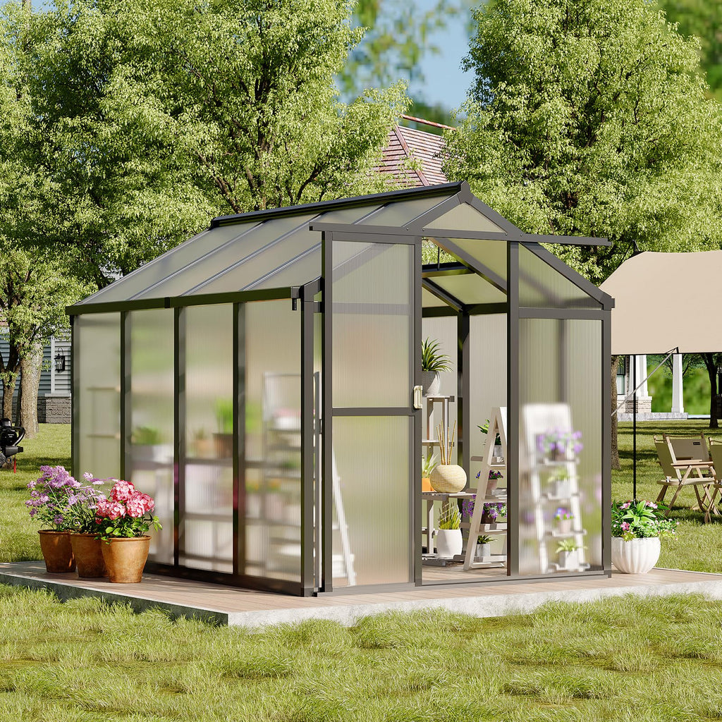 Garvee 6'x8' Polycarbonate Greenhouse with Aluminum Frame - Lockable Door & Adjustable Roof Vent for Backyard Garden, Patio, Outdoor Use, Black