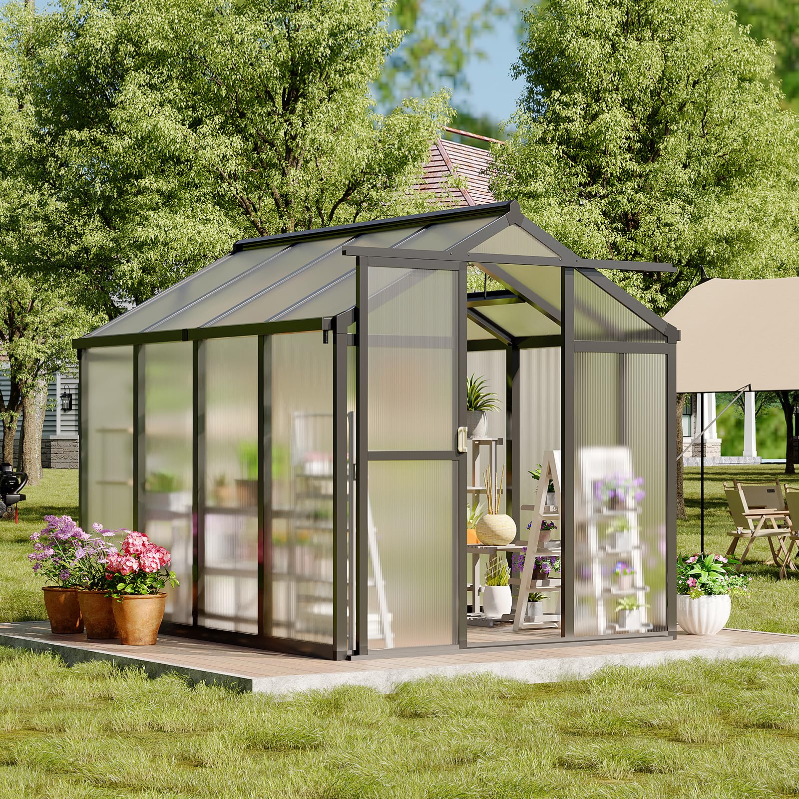 Garvee 6'x8' Polycarbonate Greenhouse with Aluminum Frame - Lockable Door & Adjustable Roof Vent for Backyard Garden, Patio, Outdoor Use, Black