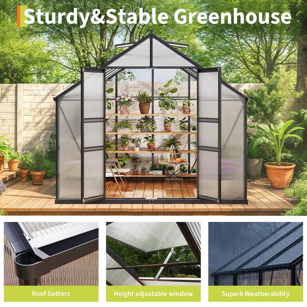 Garvee 8x12 FT Outdoor Walk-in Greenhouse with Polycarbonate Panels, Vent Roof, Windproof Aluminum Frame, Rain Gutters, for Backyard Gardening