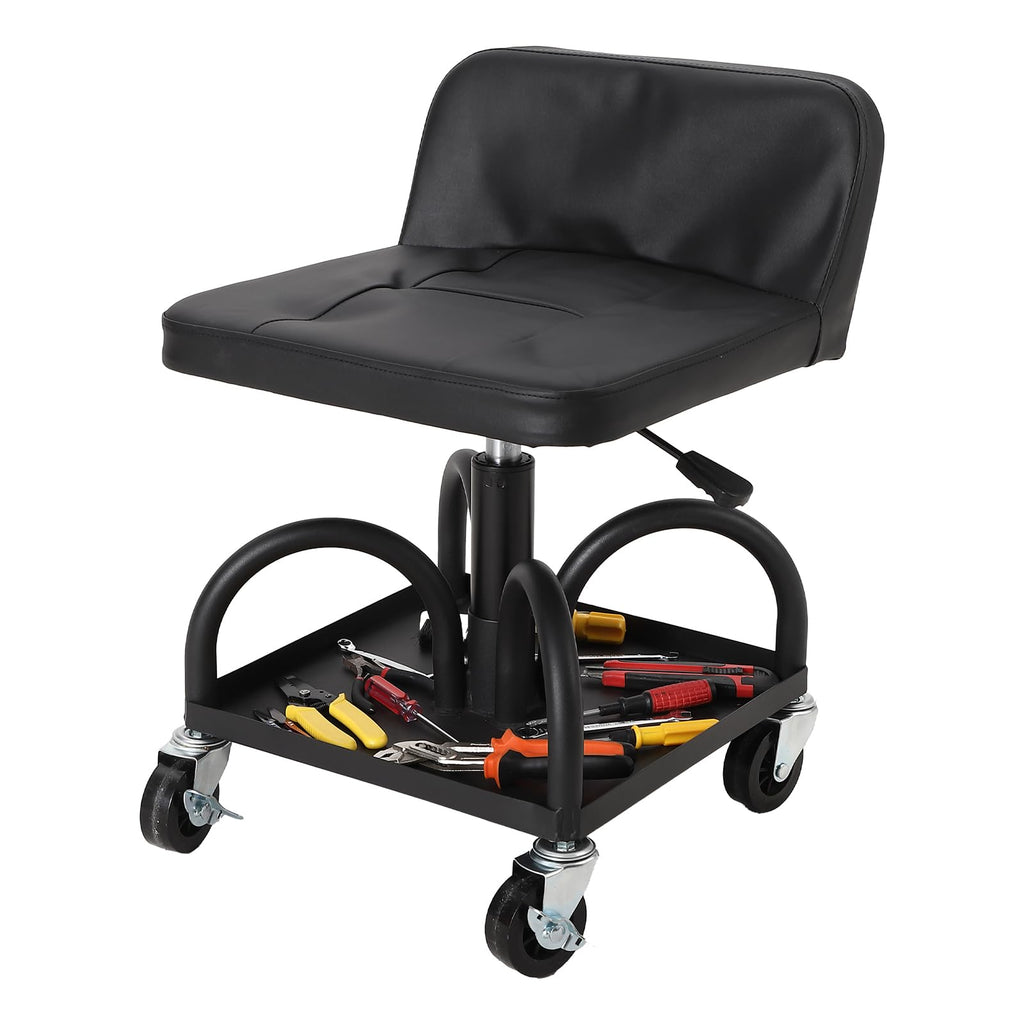 Garvee Rolling Mechanic Stool, 300 lbs Capacity, 16''-21'' Height Adjustable Soft Cushion Steel Frame Tool Tray 360° Lockable Wheels Black Workshop Garage