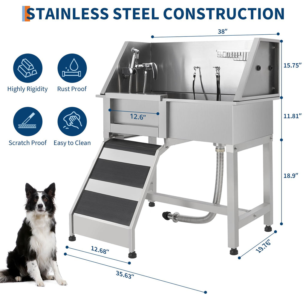 Garvee 38" Stainless Steel Dog Washing Station with Ramp & Sliding Door, Anti-Slip Grate, Left Stairs, Commercial-Grade, Grooming Salon & Home Use
