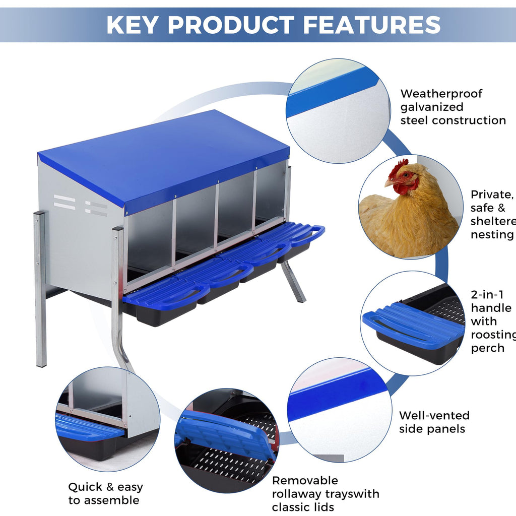 Garvee Chicken Nesting Boxes, 4 Hole with Legs Metal Wall Mount Roll Away Nest with Removable Trays and Roll Out Egg Collection for Chicken Coop