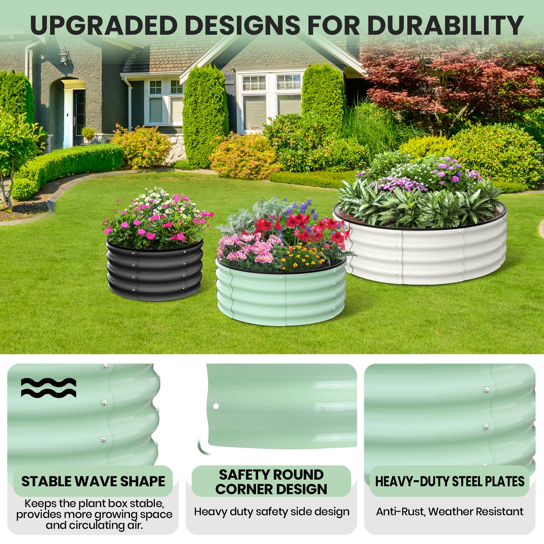 Garvee Round Galvanized Raised Garden Bed - Heavy-Duty Steel, Open Bottom Design - 2FT/3FT/4FT Sizes - Safety Corners - Outdoor Flower & Vegetable Gardening