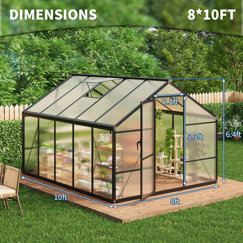Garvee 8' × 10' Polycarbonate Greenhouse, Walk-In Garden House with Roof Vent, Black