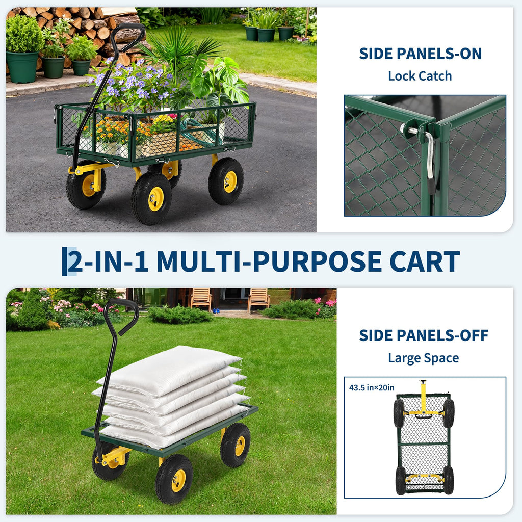 Garvee 900 lbs Heavy Duty Steel Garden Wagon Cart – 2-in-1 Utility Yard Cart, Removable Mesh Sides, 10" All-Terrain Tires, 180° Rotating Handle – Perfect for Lawn and Outdoor Gardening – Yellow Hub, Dark Green Frame, Black Handle