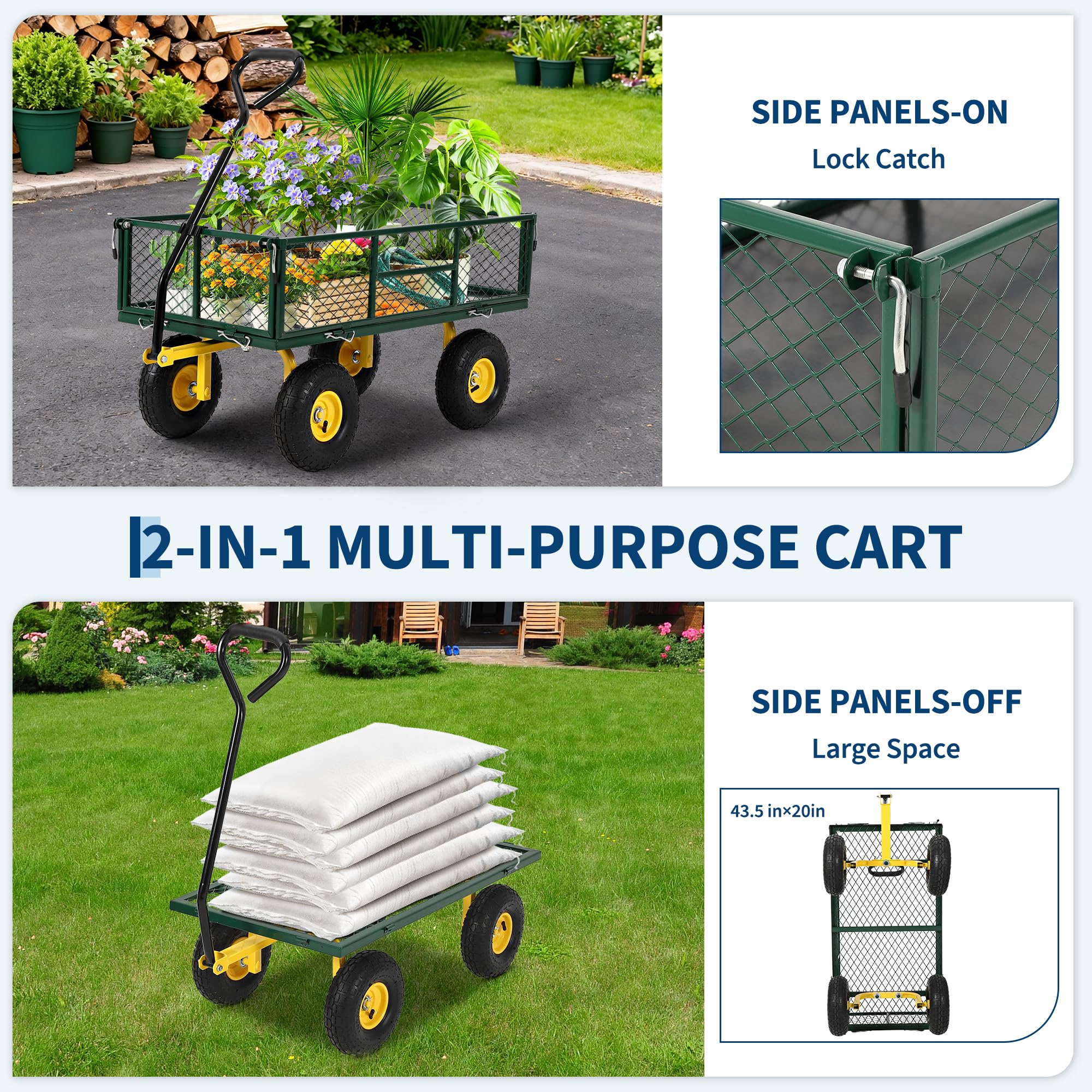 Garvee 900 lbs Heavy Duty Steel Garden Wagon Cart – 2-in-1 Utility Yard Cart, Removable Mesh Sides, 10" All-Terrain Tires, 180° Rotating Handle – Perfect for Lawn and Outdoor Gardening – Yellow Hub, Dark Green Frame, Black Handle