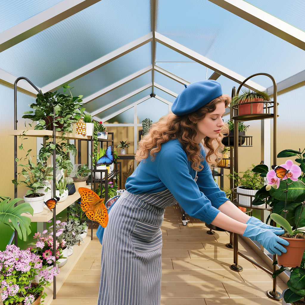 Garvee 6x8 FT Walk-in Greenhouse Aluminum Frame Polycarbonate Panels Roof Vent Ground Nails Backyard Garden