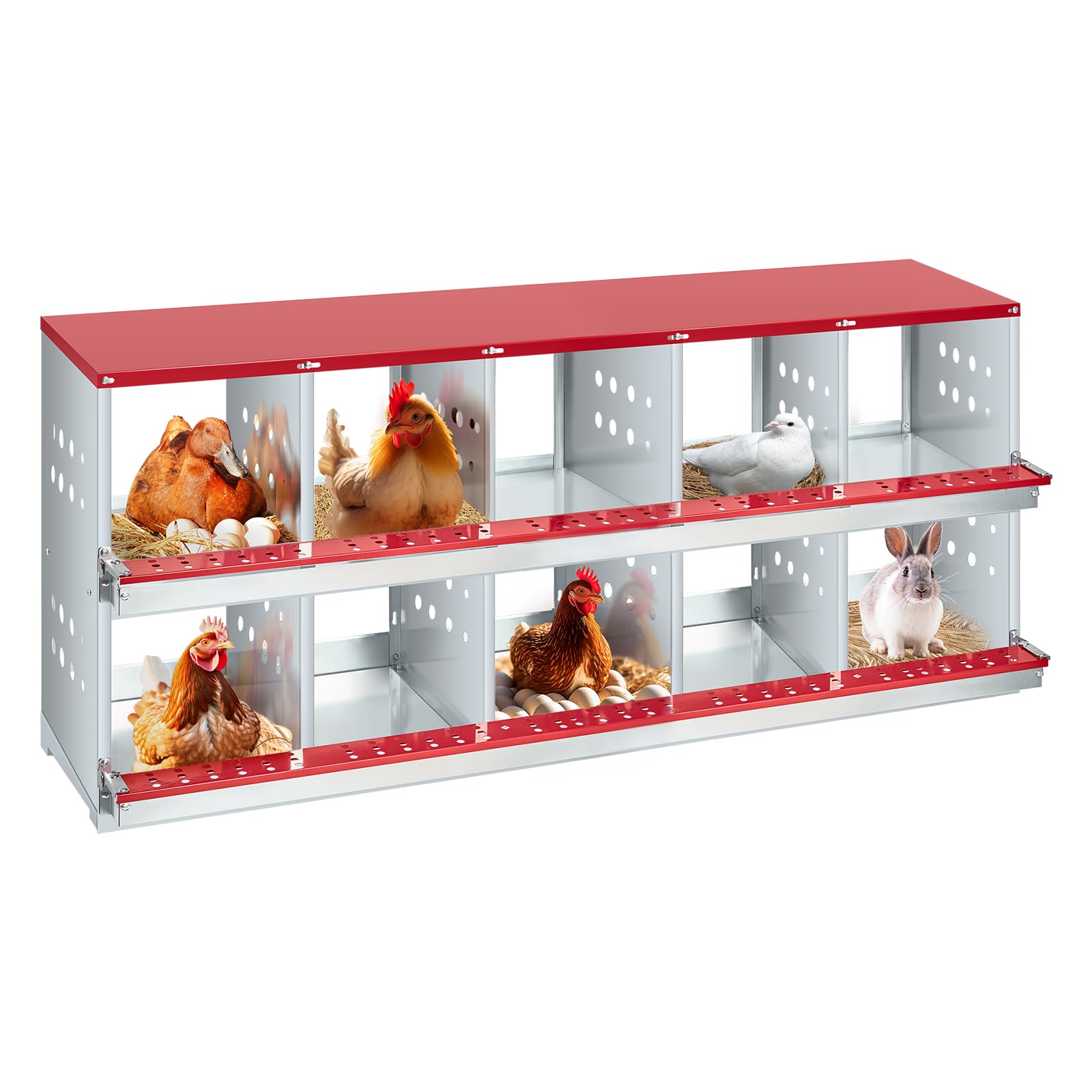 Garvee 10-Compartment Chicken Nesting Box Galvanized Steel Roll-Away Egg Collection Perching Bar Heavy Duty for Chicken Coops