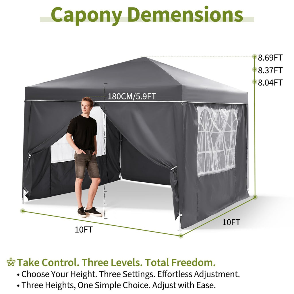 Garvee 10x10 Pop Up Canopy Tent Waterproof Portable with 4 Sidewalls, Roll-Up Windows, Heavy-Duty 600D Fabric, Sandbags & Stakes Included for Camping & Parties