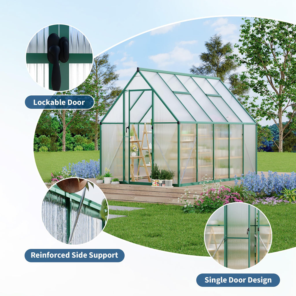 Garvee Heavy Duty 6x9 FT Polycarbonate Walk-In Greenhouse - Aluminum Frame, Double Swing Doors, Roof Vent, Rain Gutter, Quick Easy Setup, for Garden Plants, Green