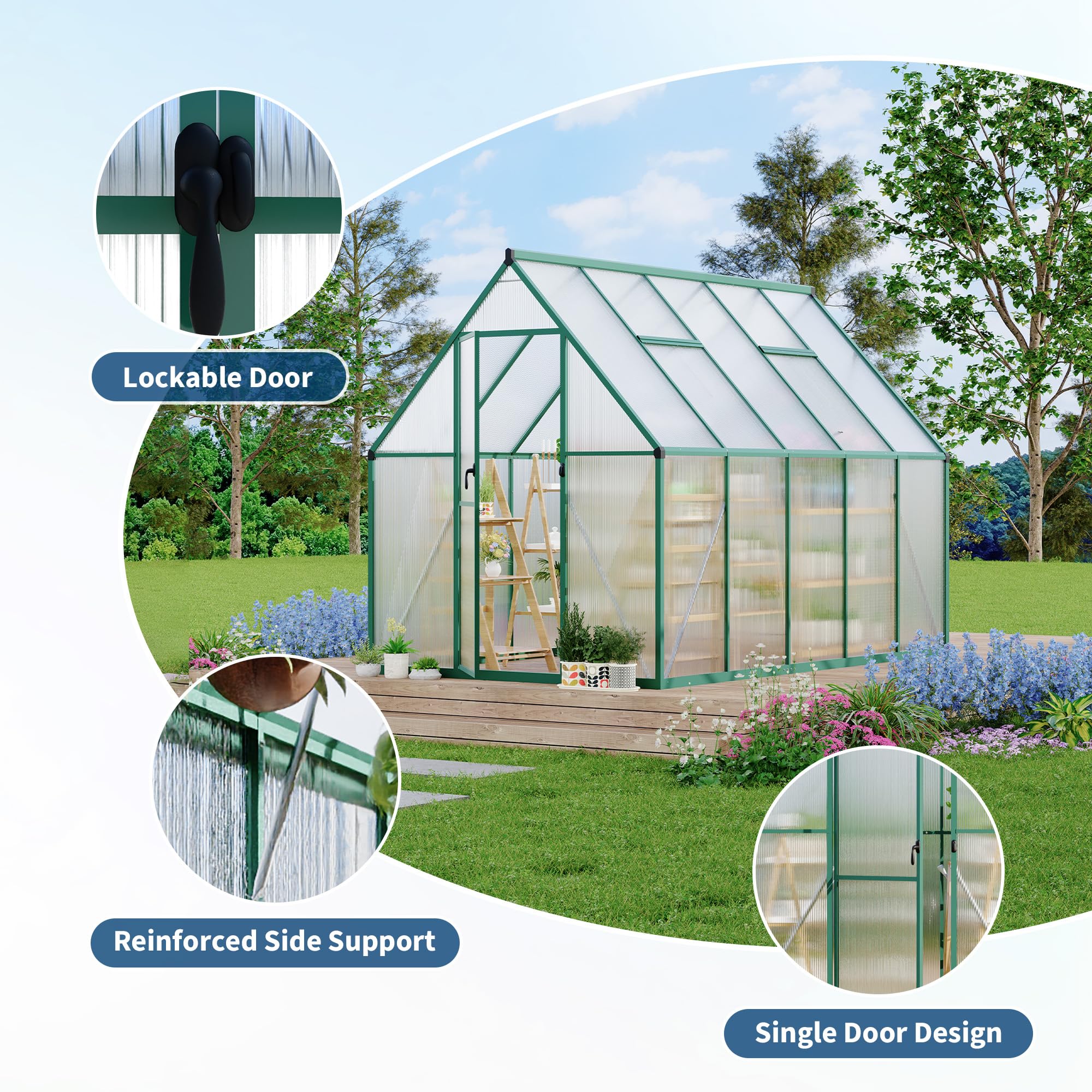 Garvee Heavy Duty 6x9 FT Polycarbonate Walk-In Greenhouse - Aluminum Frame, Double Swing Doors, Roof Vent, Rain Gutter, Quick Easy Setup, for Garden Plants, Green