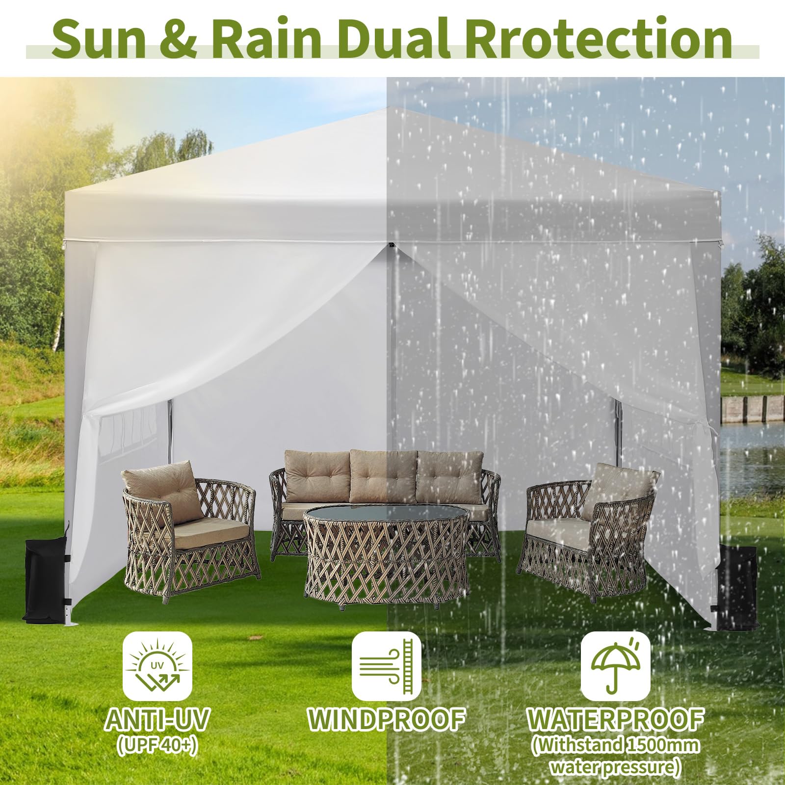 Garvee 10x10 Pop Up Canopy Tent Waterproof Instant Setup Roll-Up Windows Heavy-Duty Fabric Portable Gazebo for Camping Beach Parties Backyard