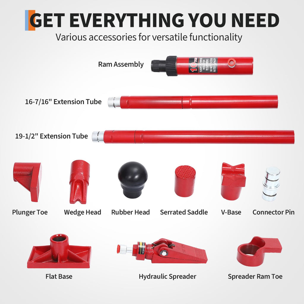 Garvee 10-Ton Heavy-Duty Hydraulic Porta Power Jack Kit with Wheel - 4.6 Ft Oil Hose, Pump, and Storage Case for Auto Body Frame Repair, Garage, Farm, and Mechanic Applications, Red