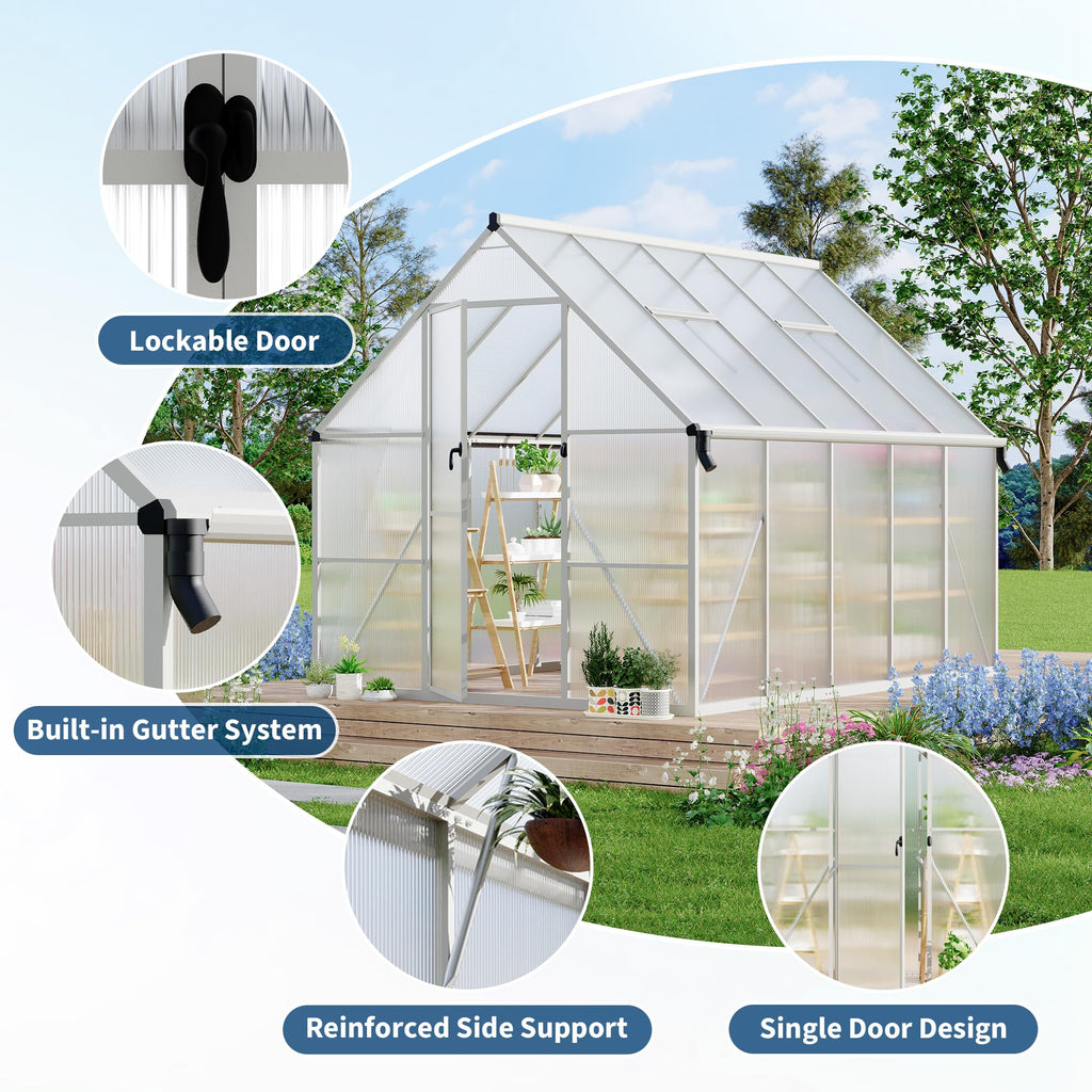 Garvee 8' × 10' Polycarbonate Greenhouse, Walk-In Aluminum Greenhouse with Lockable Door, Roof Vent, Rain Gutters & Reinforced Frame, Silver
