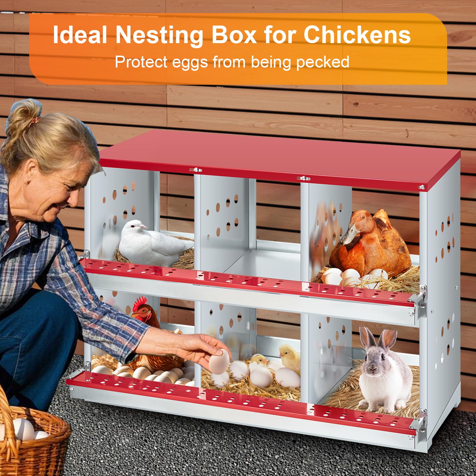 GARVEE 6-Compartment Galvanized Steel Nesting Box - Easy Egg Collection, Ventilated Design for Hens/Ducks/Rabbits Backyard Coop