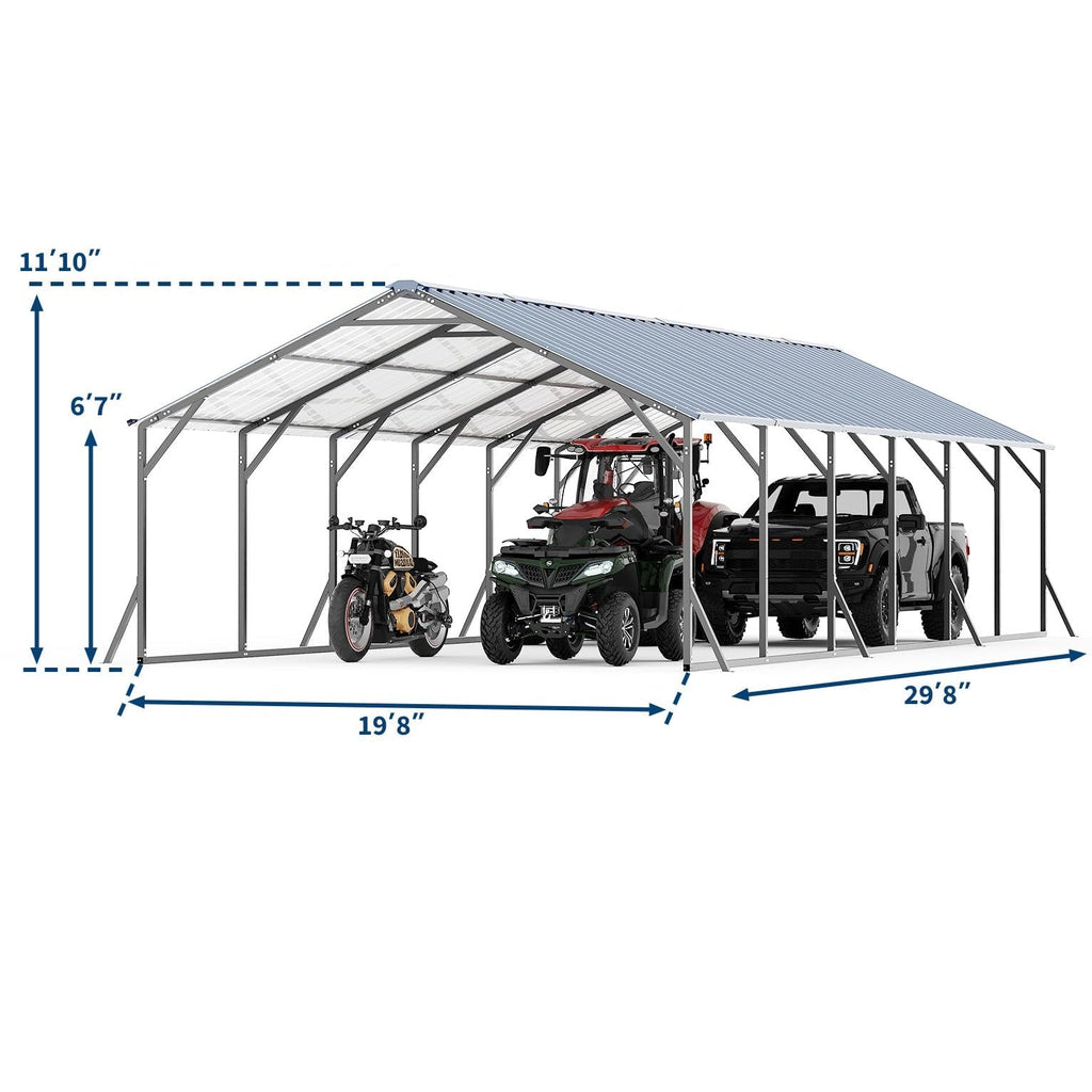 Garvee Heavy Duty Steel Metal Carport 20x30x12 - Outdoor Storage Shelter with Vertical Roof - All-Weather Protection for Multiple Vehicles, Pickup Trucks, Boats, Tractors - Grey