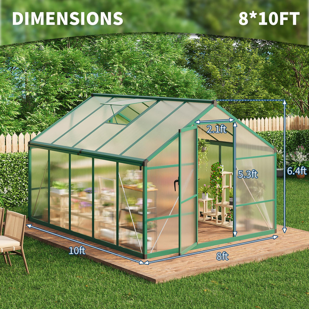 Garvee 8' × 10' Polycarbonate Greenhouse, Walk-In Garden House with Roof Vent, Green