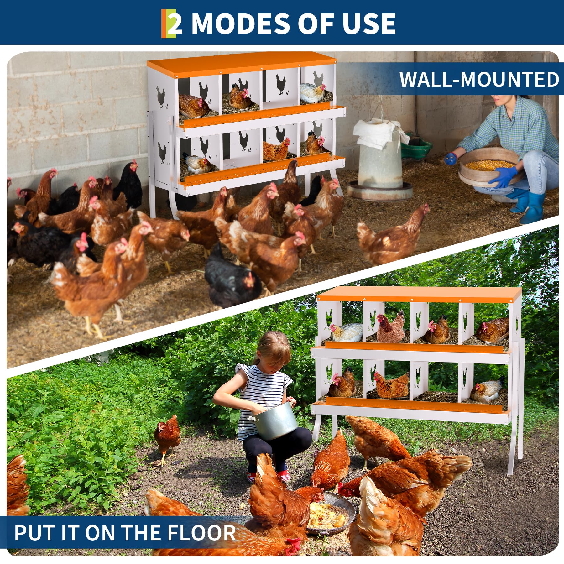 Garvee 8-Hole Bracket Legs Chicken Nesting Box Galvanized Steel Rustproof Automatic Egg Collection Ventilated Easy Install Wall or Freestanding for Chicken Coop Orange