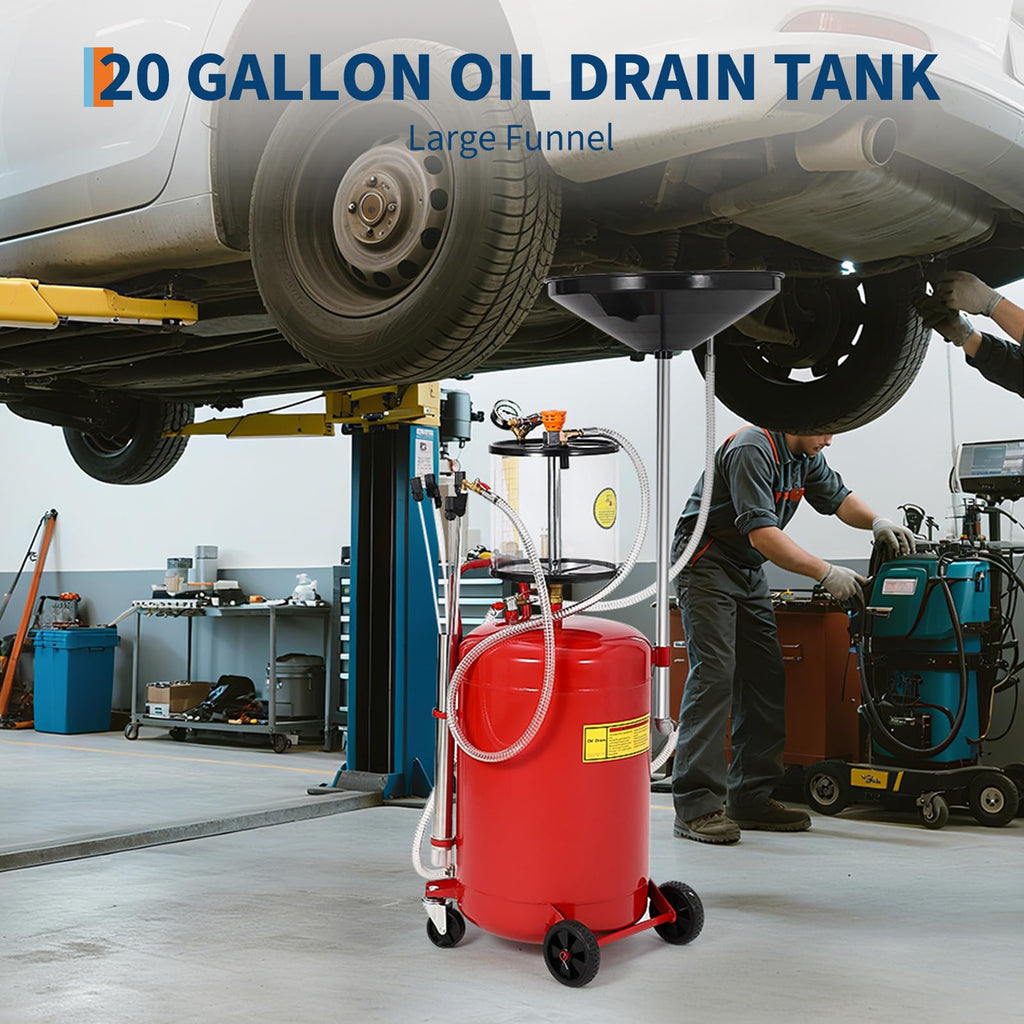 Garvee 20 Gallon Waste Oil Drain Tank, Air Operated Portable Oil Drainer with Adjustable Funnel & Measuring Cup, Heavy Duty Metal Construction, Wheels, for Automotive Workshops