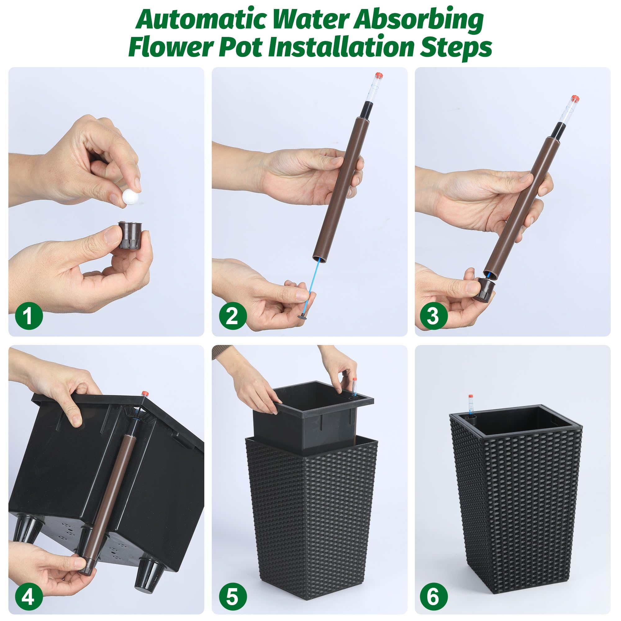Garvee 16 Inch Tall Rattan Planter Set with Water Level Monitor & Wheels, Durable Plastic, Self-Watering & Drainage, Indoor & Outdoor Use