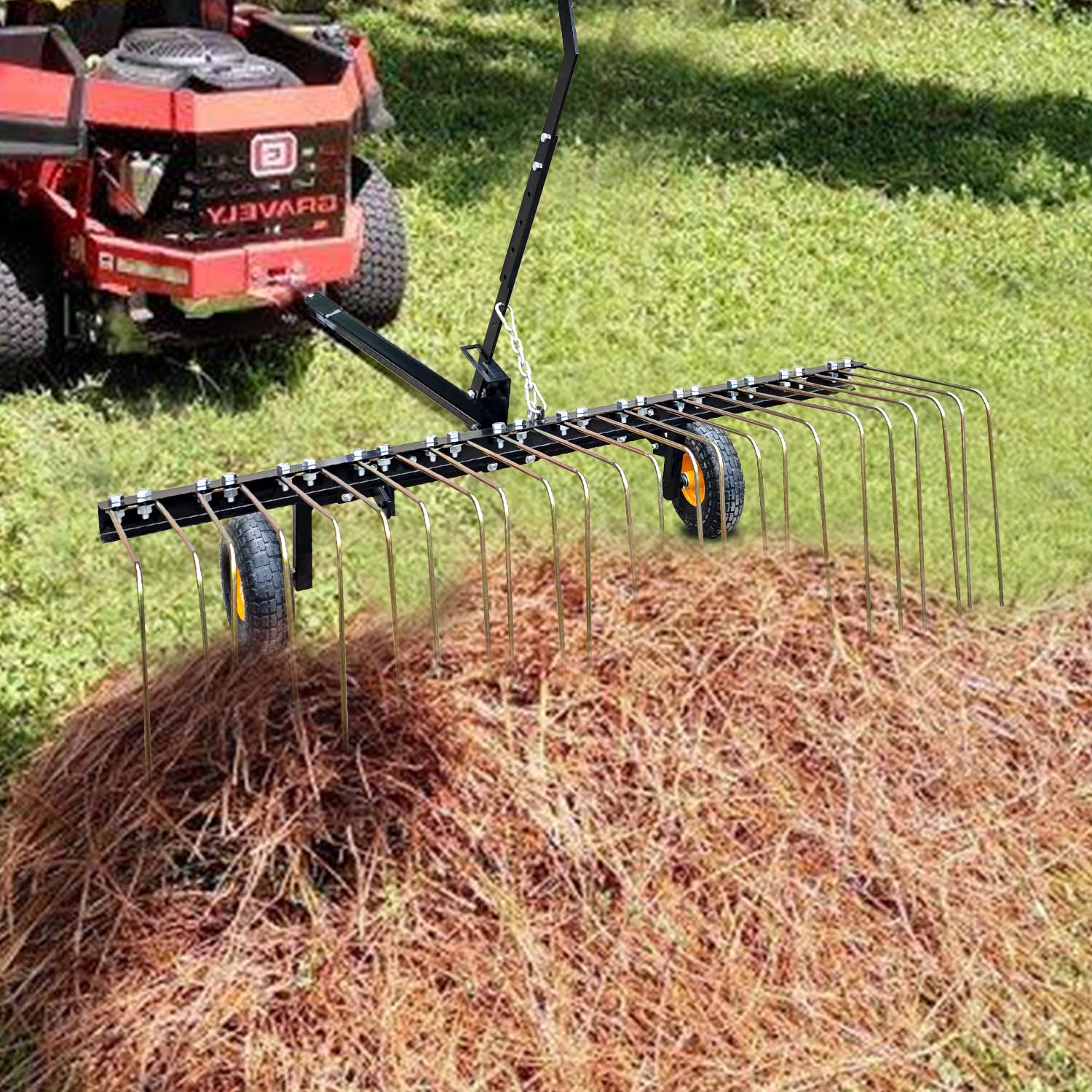 Garvee 60" Tow Behind Dethatcher with 24 Steel Tines, Pneumatic Tires, Alloy Steel, Lift Handle, Pin Hitch for Lawn Tractor, Garden and Farm Use