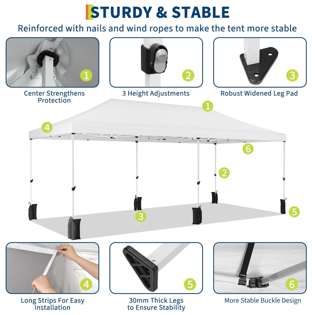 Garvee 10'x20' Heavy Duty Pop Up Canopy Tent - Commercial Waterproof UV50+ Oxford Fabric with Removable Sidewalls & Roller Bag