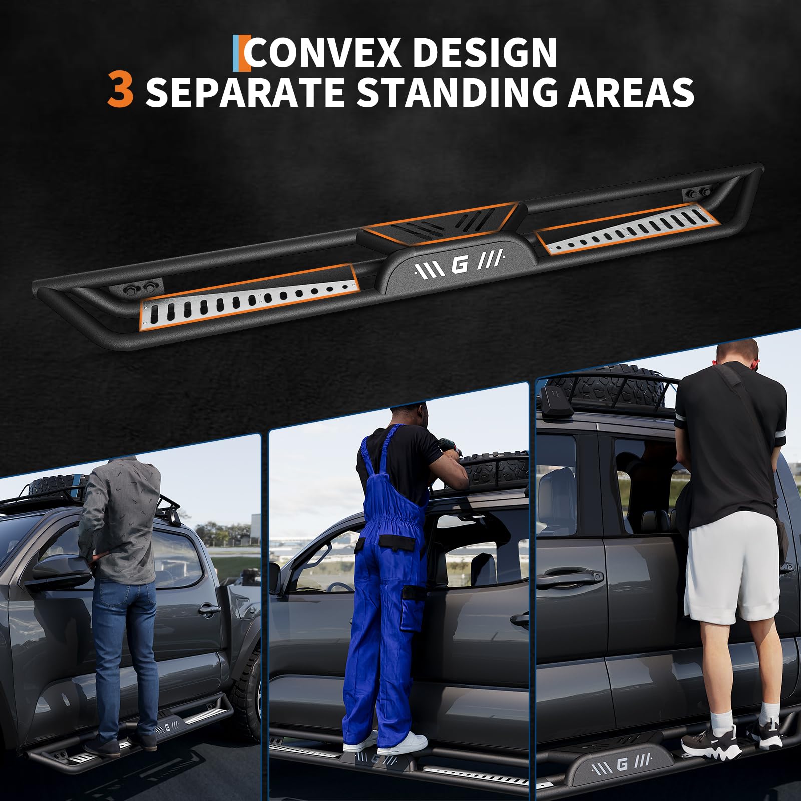 Garvee Side Bars for Toyota Tacoma 2005-2023 Double Cab - 2" Carbon Steel Tri-Tube, 500LBS Load Non-Slip Pads, Bolt-On Install, Rust Resistant - Off-Road Protection