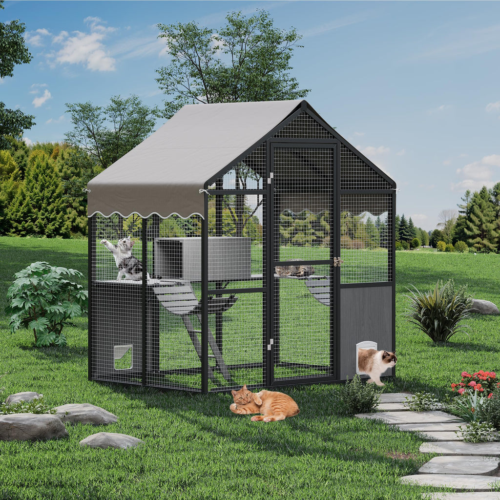 Garvee Catio Outdoor Cat Enclosure, Large Catio with Weatherproof Roof, Channels & Side Door, UV Proof Cover, Huge Condo, Platform, Aluminum Outdoor Cat Enclosure, 70"Lx48"Wx76"H