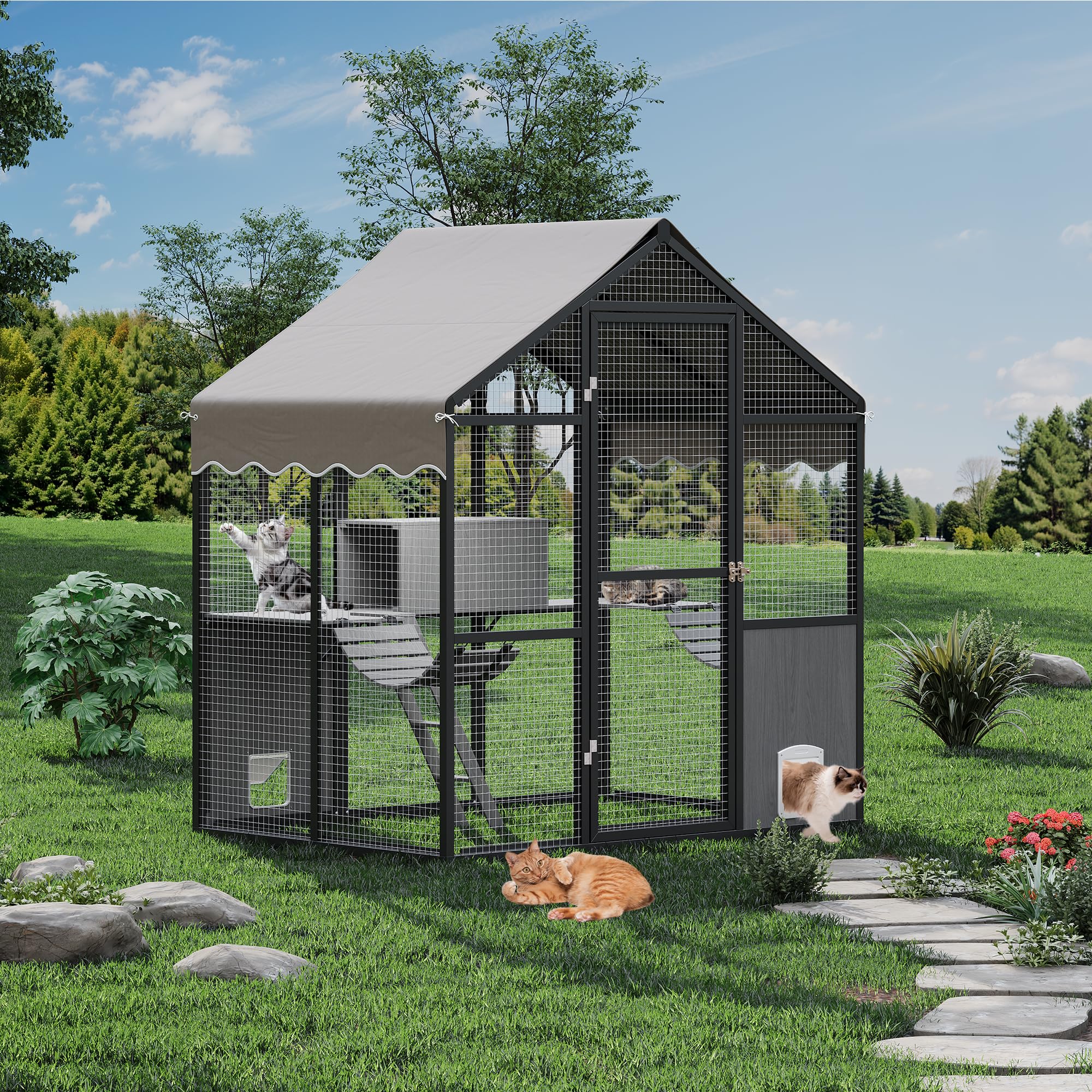 Garvee Catio Outdoor Cat Enclosure, Large Catio with Weatherproof Roof, Channels & Side Door, UV Proof Cover, Huge Condo, Platform, Aluminum Outdoor Cat Enclosure, 70"Lx48"Wx76"H