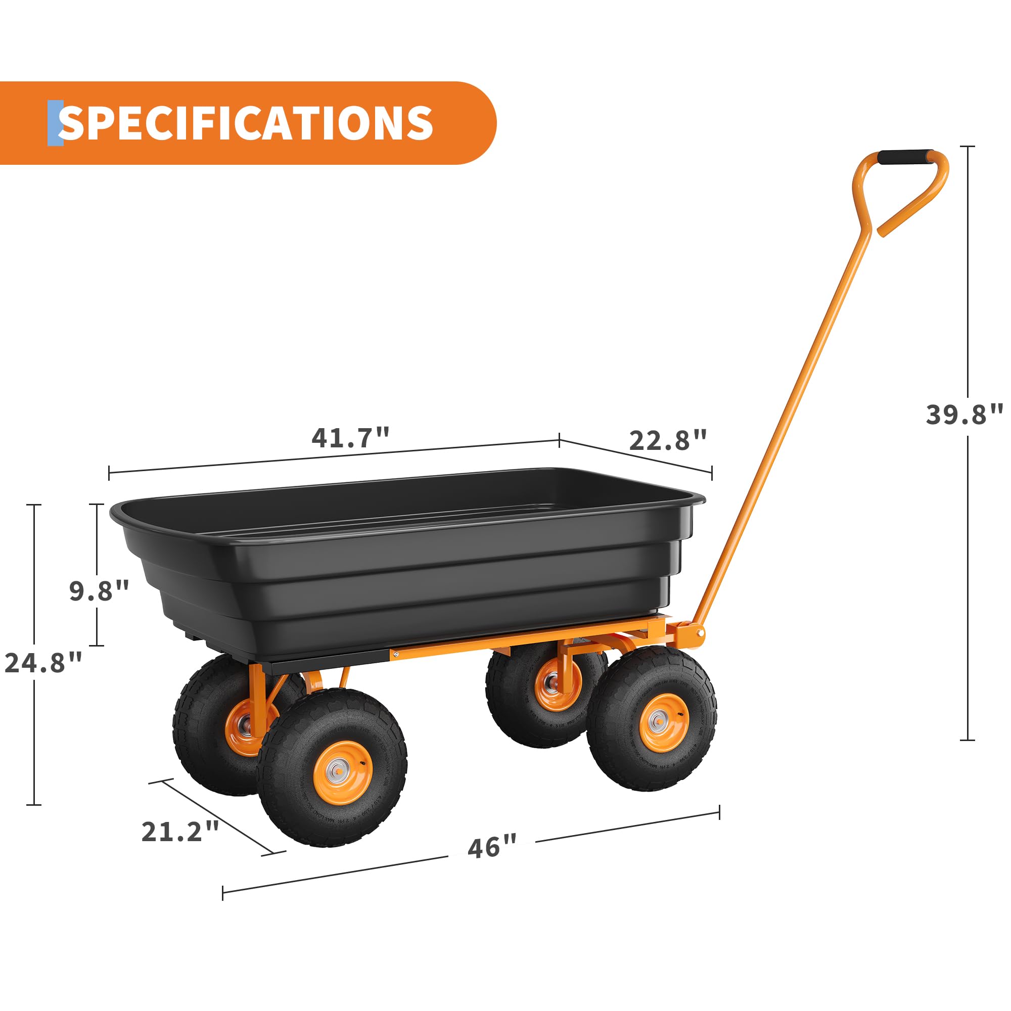 Garvee 1200 lb All-Terrain Yard Wagon, Heavy-Duty Utility Cart with Quick Dump & Adjustable Handle, Garden Cart for Soil, Plants & Tools
